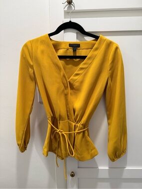 J. Crew Mustard Yellow V-neck Blouse with Tie Waist
